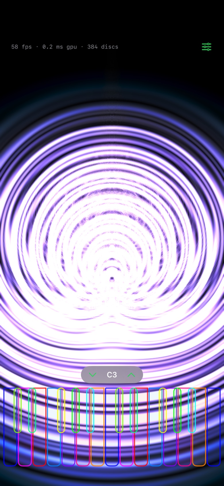 Quantachrome's wave-interference visualizer rendering bright violet ripples while a C3 note plays