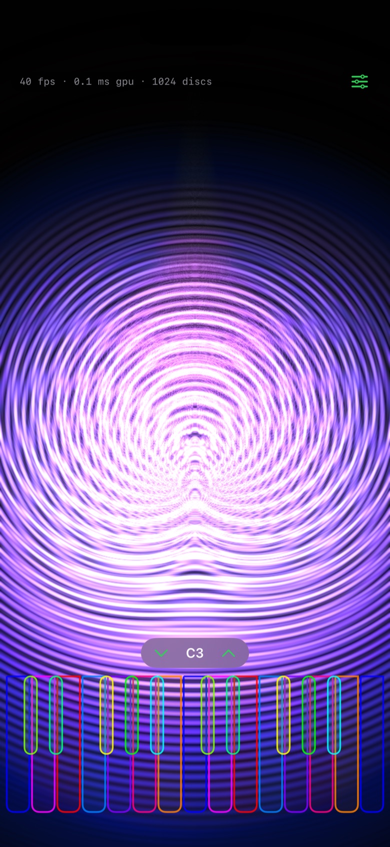 Quantachrome's visualizer rendering a dense magenta interference pattern at 1024 discs